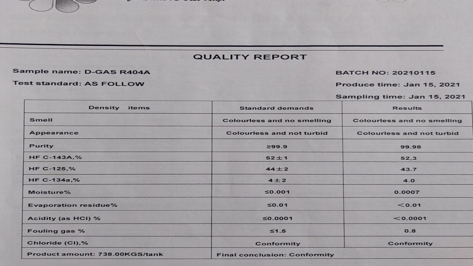 NEADJUDECAT 1 butelie reprezentată de tank nr. 15, agent refrigerant